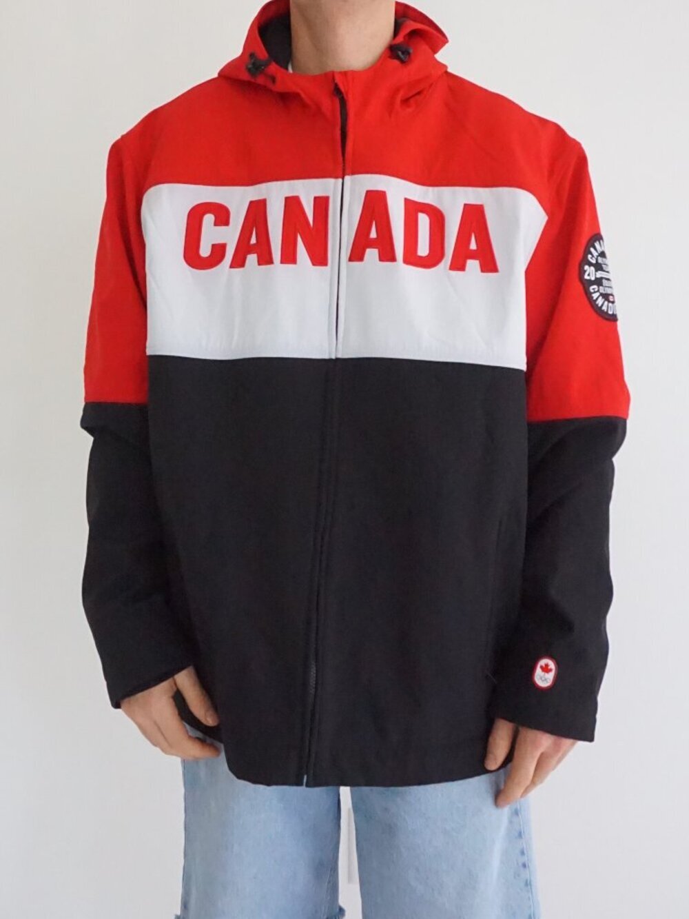 Vintage Hudsons Bay Red White Black Canada Olympic Full Zip Ski Hooded Jacket XL